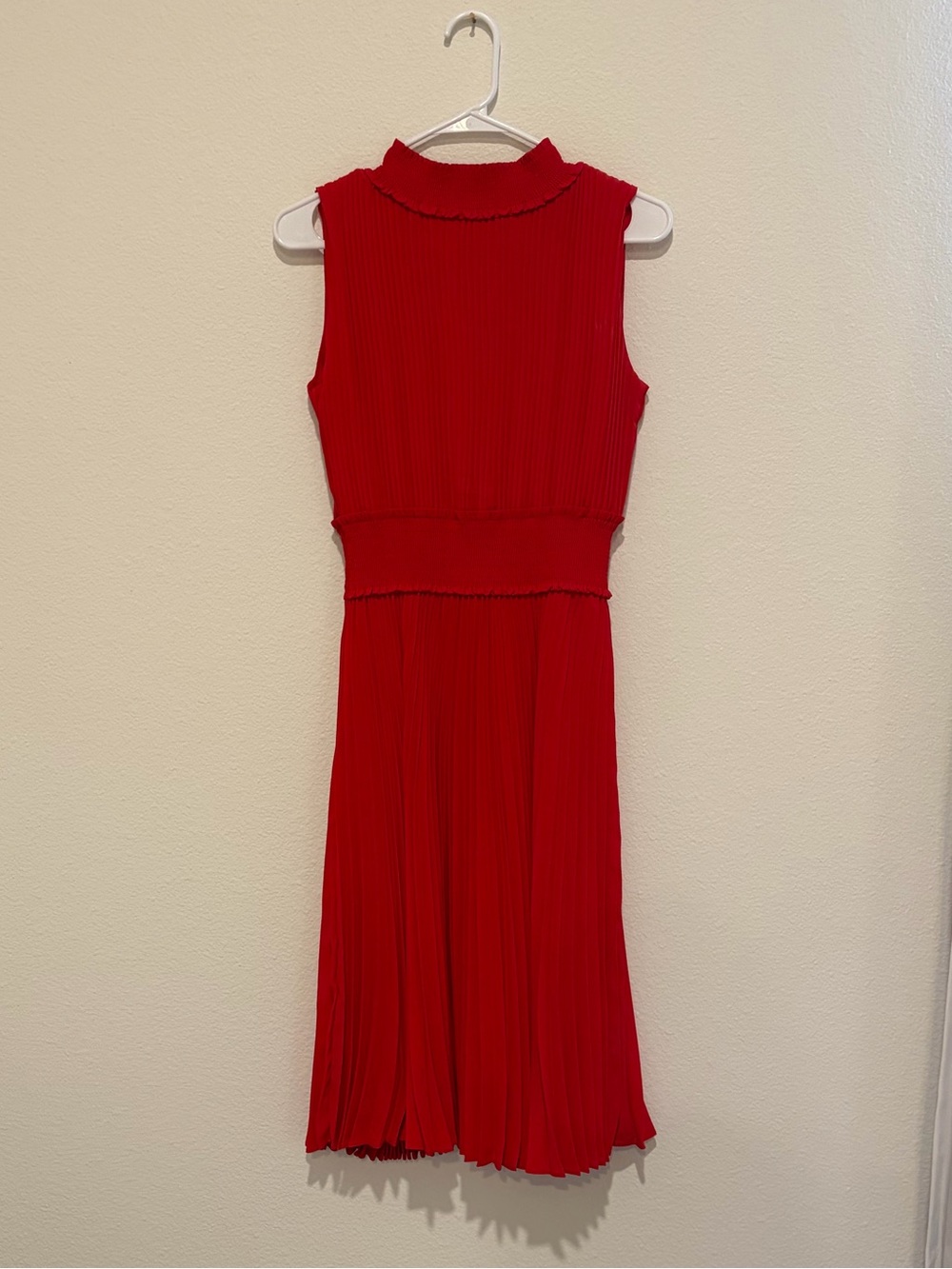 New! Mockneck Red Pleated Midi Dress